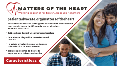 Folleto del programa Matters of the Heart. Este folleto describe los programas y recursos que están disponibles en la herramienta interactive Matters of the heart.